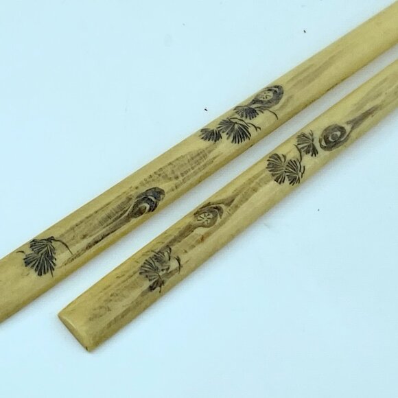 Art Deco Japanese Scrimshaw bone polychrome hairsticks 6.5\